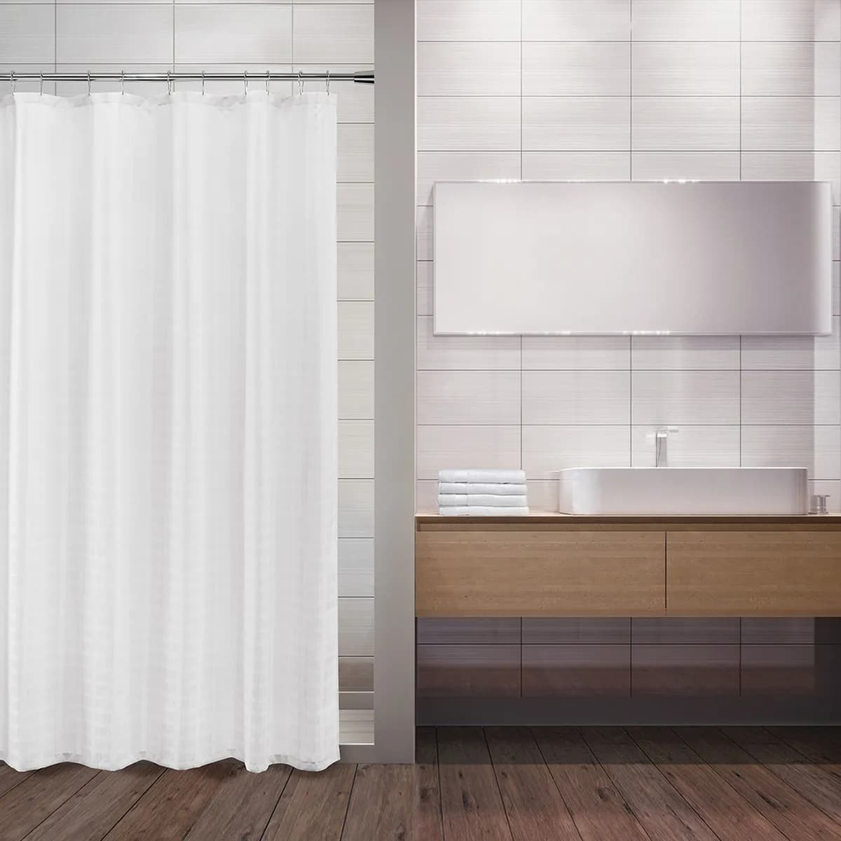 Polyester Hooked Shower Curtain with Subtle Block Pattern