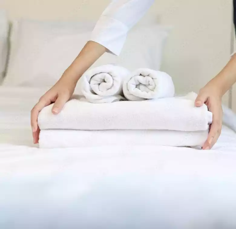 Hotel room with white bed linens
